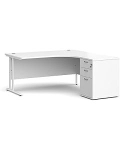 Mr Office Maestro 25 right hand ergonomic desk with white cantilever frame and desk high pedestal bundle (White, 1600)
