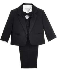 Baby Boy Formal Suit, 5 Pieces Set Wedding Christening Baptism Outfit (Blazer, Shirt, Waistcoat, Trousers, Bow Tie) Ivory/White/Black/Royal Blue