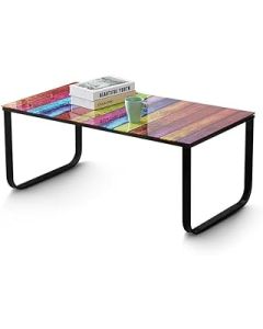 OFCASA Glass Coffee Table Retro Coffee Table with Rainbow Painting Metal Frame Storage End Side Table for Living Room Home Office