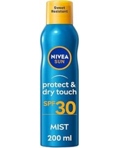 NIVEA SUN Protect & Dry Touch Refreshing Sun Mist SPF 30 (200 ml), Water-Resistant Suncream Offers Immediate UVA & UVB Protection, Transparent, Leaves No White Residue