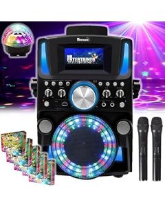 Groovebox Bluetooth CDG Karaoke Machine. Built in Screen & Disco Lights. Includes Songs & Microphones (Wireless Microphones + 1000 Songs + Party Light)