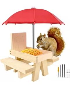 Squirrel Feeder Table with Umbrella Squirrel Picnic Table Wooden Squirrel Picnic Bench Feeder Squirrel Feeders for Garden Squirrel Feeder Corn Cob Holder Squirrel Feeding Station for Squirrel Chipmunk