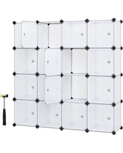 SONGMICS 16-Cube DIY Storage Organiser Unit, Plastic Closet Cabinet, Wardrobe, with Doors, for Clothes Shoes Toys Books, Easy to Assemble, White LPC44BS