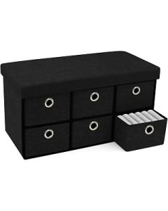 Hibtn Large Folding Ottoman Storage Boxes,Bench Seat Footstool,76 * 38 * 38cm 6 Drawers,Foldable Blanket Toy Storage Box Seat,Bench Pouffe Foot Stool, (Black)