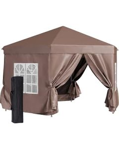 Outsunny 4x4m Hexagonal Pop up Gazebo, Garden Marquee Party Tent Wedding Canopy, Height Adjustable, with Storage Bag - Brown