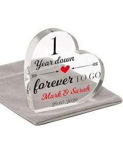 1 Year Down Forever To Go Anniversary Gifts, Personalised 1st Anniversary Gifts For Boyfriend Girlfriend, 1st 2nd 10th Wedding Anniversary Gifts For Husband Wife, Acrylic Heart Block With Grey Bag