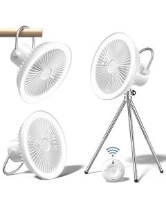 POWERbeast Desk Fan, 10000mAh USB Rechargeable Battery Fan Portable Fan with Remote Control, LED Light, Tripod, Timer, 3 Speeds Wind, Silent Table Fan for Camping Tent Desktop Bedroom - White