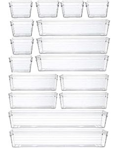 Grace Store 16 Pcs Clear Plastic Drawer Organiser Trays Desk Versatile Kitchen Drawer Organiser Bins Tray for Makeup Bedroom Office