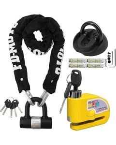 FD-MOTO 2.4KG Steel 1M*10mm Chain Lock Padlock + Alarm Brake Disc Lock Yellow + Ground Wall Anchor Heavy Duty for Motorbike Motorcycle Scooter Bike Bicycle ATV