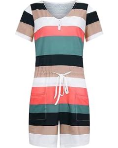 OULIWANGLUO Women Casual Button Striped Jumpsuit Shorts Drawstring Shorts Jumpsuit Loungewear Short Sleeve 1 Piece Rompers