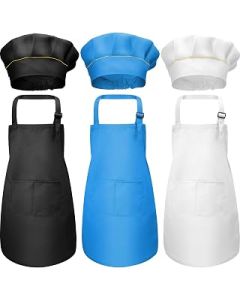 3 Kids Apron and Chef Hat Set, Adjustable Children Chef Apron, Boy Girl Apron with 2 Pockets for Kitchen Cooking Baking Painting Gardening for Age 4-12 Year (Black, Blue, White)