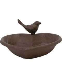 HOMESCAPES Cast Iron Heart Shaped Bird Bath with Decorative Bird Distressed Rustic Style
