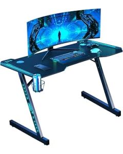 Neo Carbon Fiber LED RGB Gaming Desk Ergonomic Gamer PC Table Office with Cup Holder Cable Management