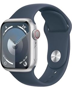 Apple Watch Series 9 [GPS + Cellular 41mm] Smartwatch with Silver Aluminum Case with Storm Blue Sport Band M/L. Fitness Tracker, Blood Oxygen & ECG Apps, Always-On Retina Display, Water Resistant