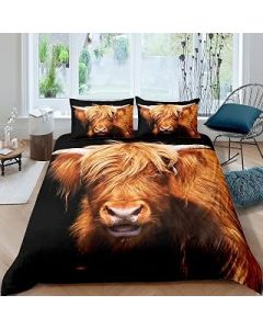 Loussiesd Highland Cow Duvet Cover Longhorn Cattle Bedding Set for Kids Boys Girl Western Animals Bedding & Linen Farm Animals Plant Brown Black Bedspread Cover 3Pcs Double Size,Zipper