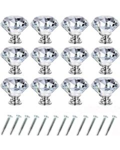 Wajade 12 Pack 30mm Drawer Knobs Crystal Cabinet Knobs Diamond Shaped Glass Cupboard Handles Zinc Alloy Drawer Handles with Screws(Clear Diamond,Silver Base)