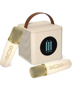 BONAOK Mini Karaoke Machine with 2 Wireless Microphones，SINGA Karaoke Premium, Portable Bluetooth Speaker 2*6W PA System for Adults & Kids Gifts,Support Bluetooth/USB/AUX/TF Indoor Outdoor K6(Beige)