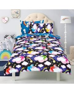 Todd Linens Kids 2 in 1 Reversible Quilt Duvet Cover and Pillowcase Bedding Bed Set Polycotton New colourful Designs (Unicorn Believe in Your Dreams Black, Double)
