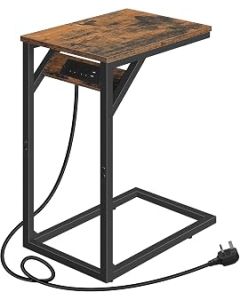 HOOBRO C Shaped Side Table, Sofa Table with Charging Station, Laptop Table for Sofa, 2 USB Ports 2 AC Outlets, Narrow Bedside Table with Power, Living Room, Bedroom, Rustic Brown and Black EBF07KSF01