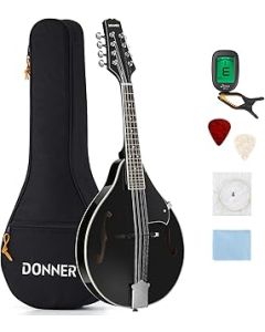 Donner Mandolin Instrument Black Mandolin Instrument Set for Beginner Adult Mahogany A Style with Tuner, String, Gig Bag, Guitar Picks (DML-100B)
