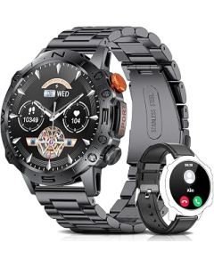 LIGE Men's Smart Watch, 1.43" Large Screen Fitness Tracker with Blood Pressure/Heart Rate,Pedometer Sport Make Call Military Smartwatch Compatible Android iPhone,Black