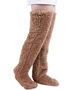 FAIRZ Women Men over the Knee Socks Plush Slipper Stockings High Long Leg Warmers Winter Home Sleeping Socks,Teddy Legs Long Socks.