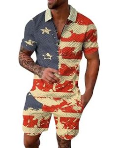 rtdgcv Rain Suit Men's Independence Day Fashion Leisure Seaside Beach Holiday 3D Digital Print Zip Short Sleeve Shirt and Shorts Suit Two Piece Suit Virgin Wool Men