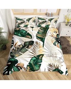 Tropical Leaves Bedding Set Golden Green Leaf Branches Duvet Cover for Kids Botanical Leaf Pattern Comforter Cover Summer Bedspread Cover Quilt Cover 2Pcs Single Size