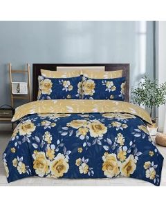 Indus Textiles Duvet Cover Set - 100% Soft Cotton Floral Pattern Reversible Duver Cover With Pillowcases - Roses Navy Mustard - Double