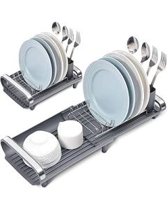 KINGRACK Compact Dish Drainer,Expandable Dish Rack,Stainless Steel Dish Drying Rack With Removable Cutlery Holder,Non-Slip Feet,Anti Rust Plate Rack,Small Sink Drainer For Kitchen Countertop, Grey