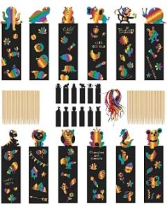 Johiux Scratch Art for Kids,48Pcs Bookmarks for Children,Classroom Gifts,with 48pcs Wooden Stylus and 48pcs Satin Ribbons for Kids School Tags,Classroom, Party Bags Filler for Kids