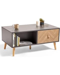 VonHaus Coffee Table for Living Room – Herringbone Tea Table with Storage - Grey & Wood Effect Centre Table - Scandi Nordic Style Living Room Table w/ 2 Drawers & Open Shelves - Modern - for Lounge