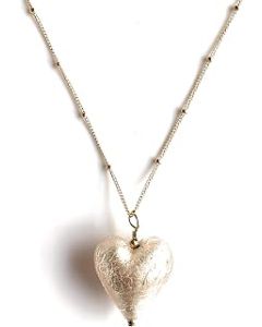 Diana Ingram necklace with champagne (peach, pink) Murano glass medium heart pendant on 22 Carat gold vermeil satellite chain