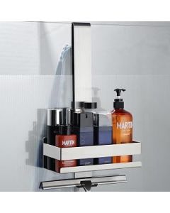 Cooeco Shower Caddy - Over Door Shower Caddy Stainless Steel Shelf for Hanging Glass Shower Enclosure, Shampoo Storage Holder for Glass Door with Hooks, no Drilling