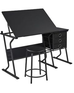 costoffs Drafting Table Drawing Table with Drawers & Stool Set for Artists, Adjustable Tilting Tabletop Crafting Table with Additional Side Countertop & 3 Drawers & Extra Storage Shelf, Black