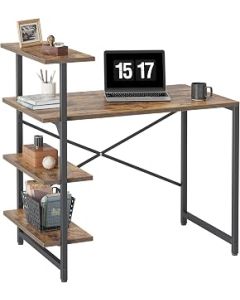 CubiCubi Small Computer Desk with Shelves 100x50x98 cm, Home Office Desk, Study Writing Office Table, 4 Tier Shelf, Brown