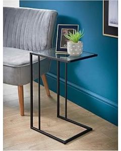 spot on dealz® C shaped side sofa table Black metal frame with Clear Tempered Glass Top Coffee, Office table Laptop Desk living room bedside end tables