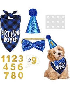 Dacitiery Dog Birthday Party Supplies,Plaid Dog Birthday Bandana Boy Scarf and Reusable Dog Birthday Hat Bow Tie Collar Birthday Number for Medium Large Puppy Dog Birthday Party Outfits