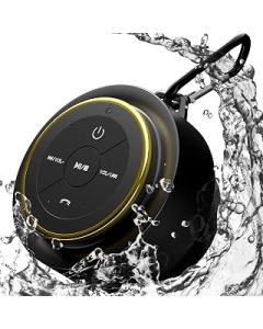 iFox Portable Bluetooth Shower Speaker, IPX7 Waterproof Outdoor Wireless Speaker, Built-in Mic, Carabiner, Beach, Camping, Hiking, Pool, Black/Gold