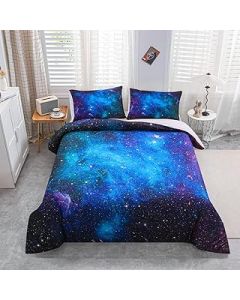 Galaxy Bedding Set Single, Girls Boys Kids Teen Comforter Cover, Outer Space Duvet Cover Galaxy Stars in Space Celestial Astronomic Planets, Decorative Bedclothes Blue Purple
