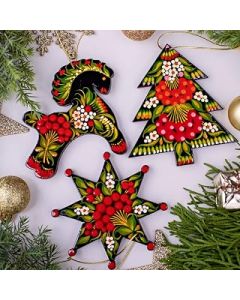 Hand-Painted Christmas Decorations Horse - Star - Tree - 3 Pcs. Set Wooden Painted on Both Sides 9,5 x 9 x 0,5 cm Handmade Christmas Ornaments Folk Art Ukrainian Traditional Petrykivka Craftsmanship