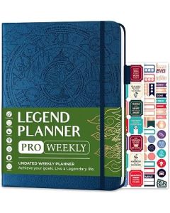 Legend Planner PRO – Deluxe Weekly & Monthly Life Planner to Increase Productivity and Hit Your Goals. Time Management Organizer Notebook – Undated – 18 x 25.5cm Hardcover + Stickers – Mystic Blue