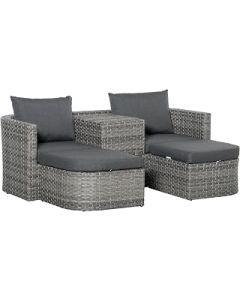 Outsunny 3 Piece Rattan Garden Furniture Set with Cushions, Patio Wicker Conversation Double Chaise Lounge Furniture Set with Convertible Middle Table, Mixed Grey