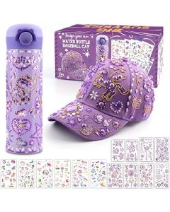 Gifts for Girls DIY Water Bottle and Baseball Cap, Decorate Your Own Water Bottle with Glitter Gem and Unicorn Stickers, Girls Birthday Present Age 4 5 6 7 8 9 10, Cap & Bottle Craft Kit for Kids Girl