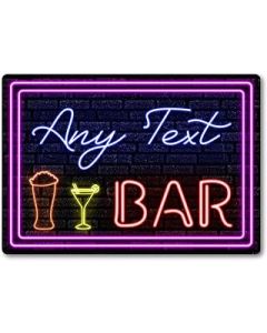 Personalised Bar Sign METAL Plaque Eighties Neon Cocktail Style. Any Text. Home Pub 80s Shed Garage Man Cave. (A3 (405mm x 283mm))