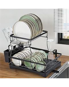 Yalixuan 2 Tier Dish Drainer Rack with Drip Tray, Detachable Dish Drying Rack Sink Drainer, Dish Rack Draining Board Rack Washing Up Rack, Kitchen Drainer, Black