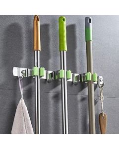 Broom Mop Holder 304 Stainless Steel Mop Holder, Wall-Mounted Organizer, With 3 Position and 4 Hooks for Broom Mop Other Goods Storage and Organization