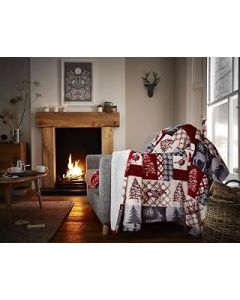 Happy Linen Company Christmas Patchwork Red Soft Warm Cosy Sherpa Fleece Flannel Sofa Throw Blanket Extra Large