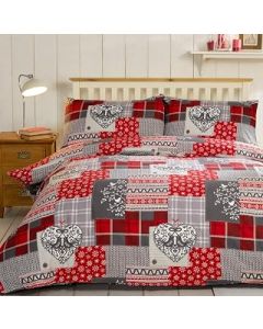 Alpine Patchwork 100% Brushed Cotton Flannelette Heart Quilt Duvet Cover and 2 Pillowcase Bedding Bed Set, Red/Multi-Colour, King