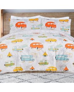 Sleepdown Printed Campervan White Multi Tropical Reversible Duvet Cover Quilt Pillow Cases Bedding Set Soft Easy Care Bed Linen - King (230cm x 220cm)